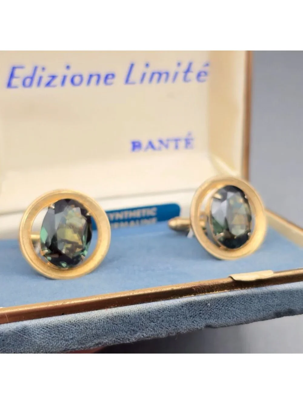 Vintage Dante Edizione Limité Tourmaline Gold Tone Cufflinks NOS Formal Jewelry